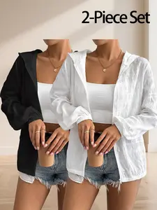 Women's Casual Sun Protection Jacket Set, Lightweight Breathable Quick-Dry Fabric, Hooded Design, Outdoor Running Cycling Hiking, Versatile Use