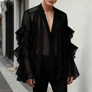 INCERUN COS Vampire/Stage Men's/Unisex Sheer Multi-Layer Ruffle Shirt | Dramatic Silhouette Stage Wear | Party, Clubwear, Theatrical Look