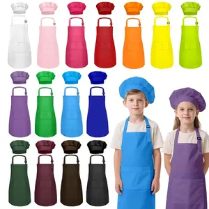 2Pack Kids Apron and Chef Hat Set,  Boys Girls Kids Apron with 2 Pockets Adjustable ,Kids Painting Aprons,Cooking Apron for Children,for Cooking Classroom Baking Painting Crafting Grilling Activity,DIY,Party,6-13 Years