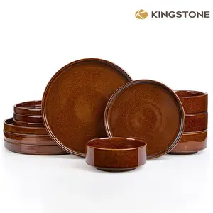 KINGSTONE Porcelain Dinnerware Set, Reactive Glaze Plates and Bowls, Scratch-Resistant Microwave-Safe Kitchen Tableware for Daily Use and Parties, Model 11407