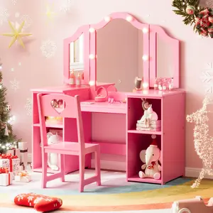 Pink Vanity Table with Light, 2 in 1 Princess Makeup Desk with Touch Light Detachable Tri-Folding Mirror, Open Storage Shelves, Wood Makeup Playset with Chair, Princess Vanity Table for Little Girls