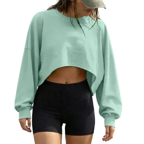 Fisoew Women's Crew Neck Drop Shoulder Crop Sweatshirt, Puff Lantern Long Sleeve Loose Oversized Cropped Long Sleeve Top,back to school,back to school shopping