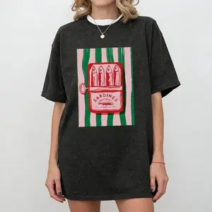 Sardines-print washed T-shirt, pure cotton top featuring marine life design,Vintage Sardines Can Graphic T-Shirt, Retro Striped Canned Fish Oversized Tee for Foodie Streetwear