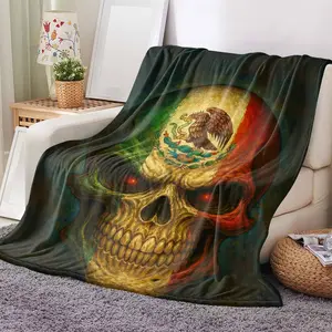 Mexican Flag Skull Flannel Blanket Vintage Artistic Print Soft Warm Lightweight and Durable Perfect for Sofa Decor Bedroom Aesthetic Festival Celebration Gift for Friends