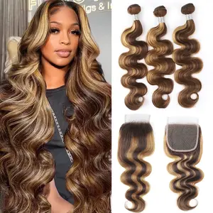 Gefily[14A]4/27 Highlight Body Wave Bundles with Closure 100% Unprocessed Brazilian Virgin Human Hair 4 Bundles with 4x4 Lace Closure（20 22 24 26+16 Inch）Body Wave Hair Free Part