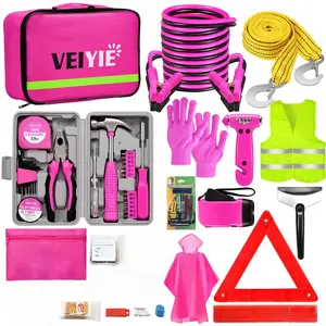 Roadside emergency car kit,Pink car first aid kit,With jumper cables,Car safety kit,Tow strap,Tool kit,Road trip assistance for men and women,Gift for new drivers