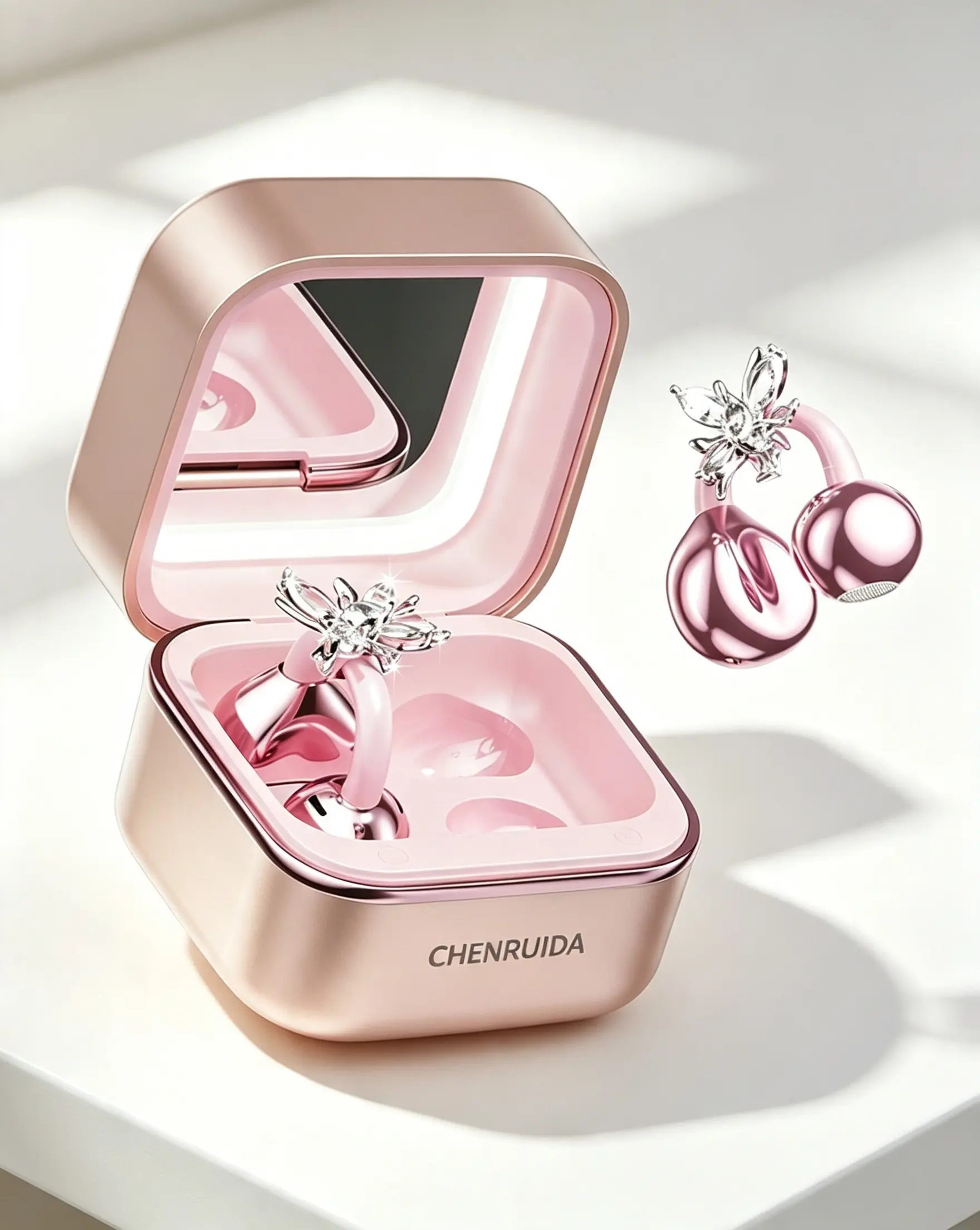 CHENRUIDA Mini Square In-Ear Wireless Bluetooth Headphones - ANC Enabled Earbuds with Built-in Makeup Mirror, Fill Light, 360° Panoramic Sound, Soft Silicone Ear Tips, Long Battery for All-Day Use, Easy to Carry
