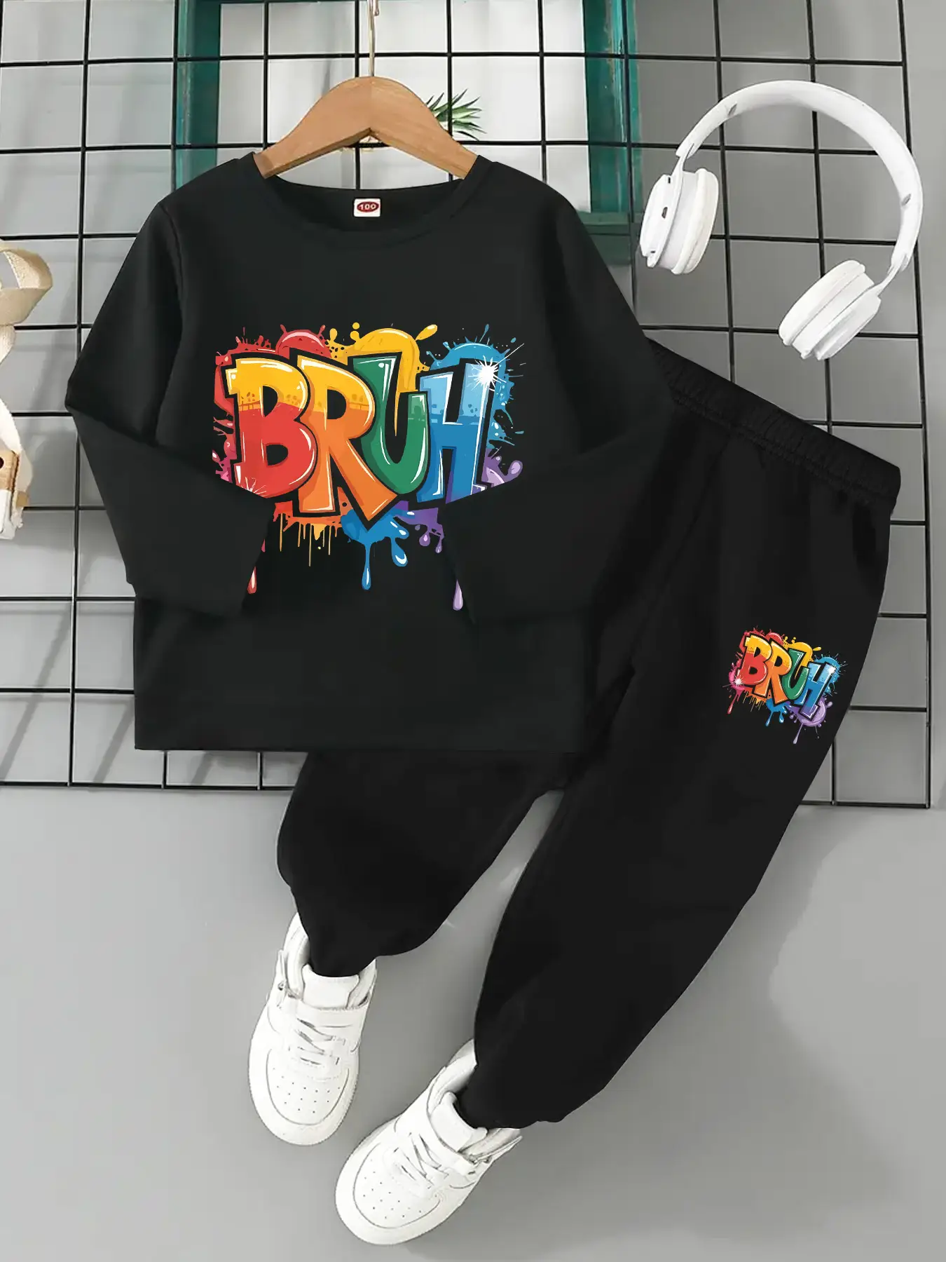 Boys' Spring & Fall Casual Tie-Dye Letter Print Long Sleeve T-Shirt Set, Comfortable Fitted Jogger Pants, Back-To-School Gift