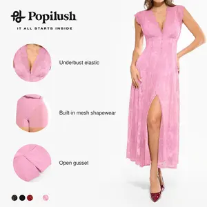 Popilush Shapewear Boho Floral Lace Front Slit Maxi Dress  A-line Silhouette with Smoothing Waist Control & Supportive Bust Design