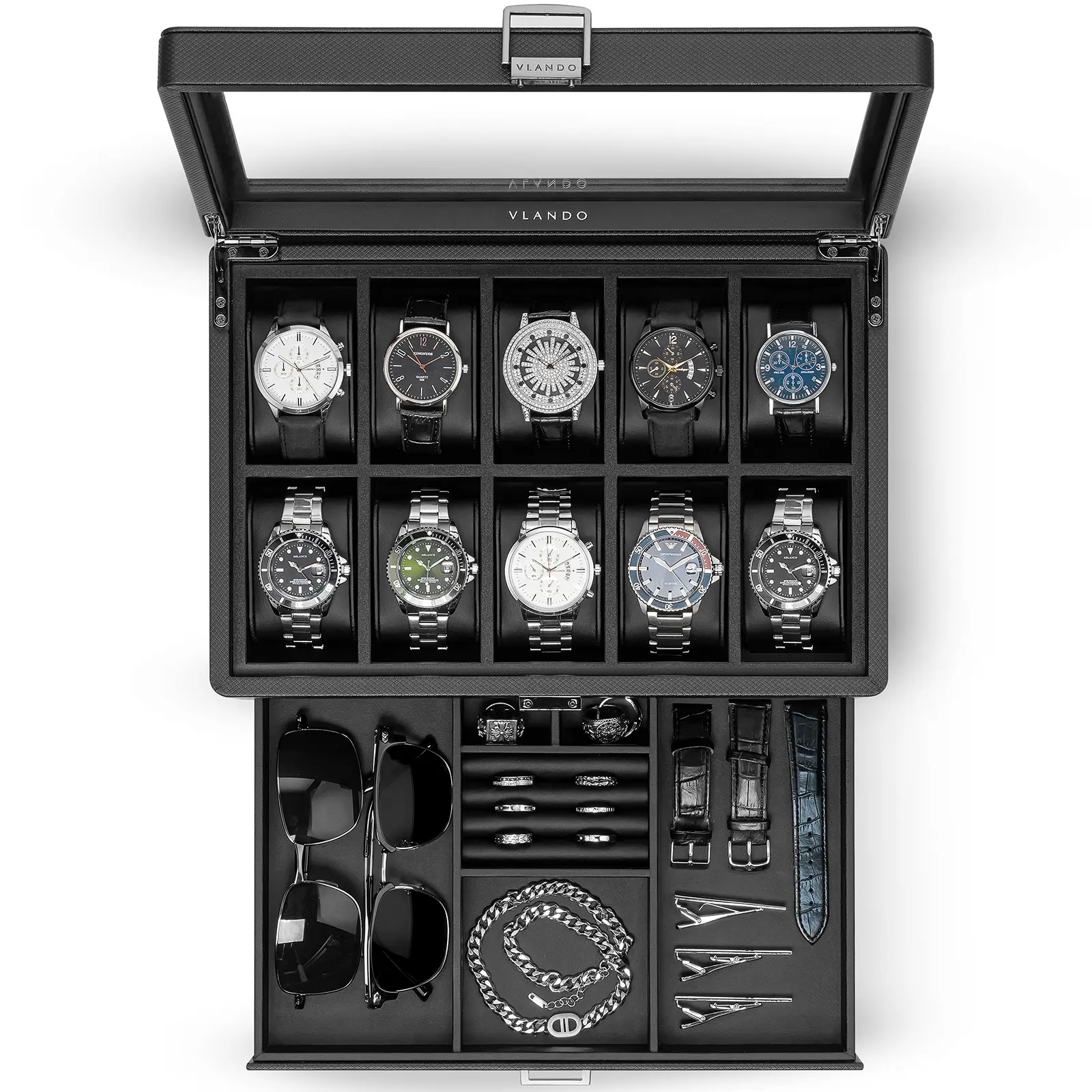 VLANDO Men's Lockable Textured Leather Watch Jewelry Box - 10-Slot, 2-Layer, Glass Lid & Drawer, Wristwatch Storage, Mens Gifts for Boyfriend & Father's Day Home Organizer,dorm essentials,home decor