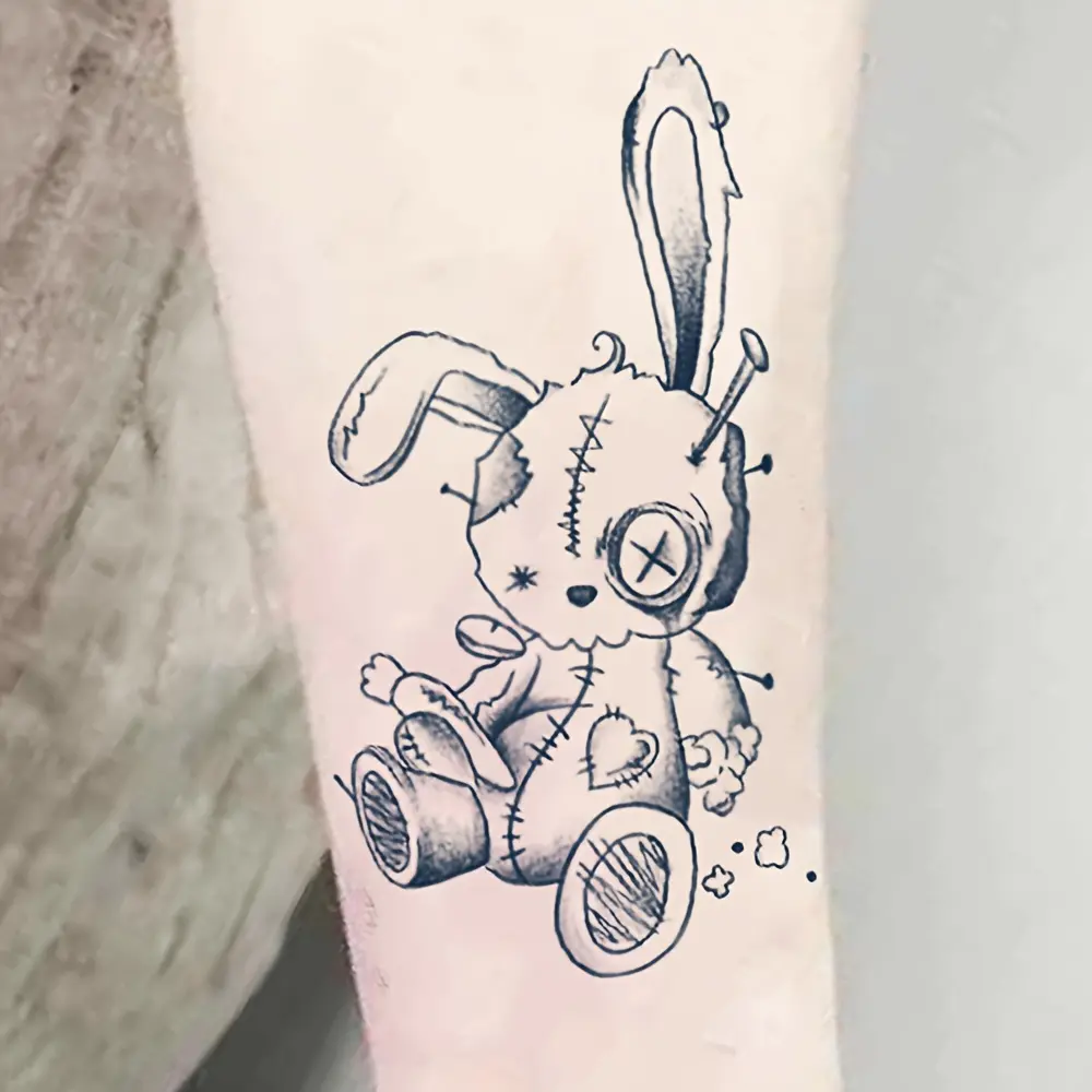 Bunny Doll Temporary Tattoos - 6 Large Herbal Stickers (1 Bunny Doll Design + 5 Random Styles), 7-15 Days Long Lasting, Waterproof, Wear-Resistant, Realistic, Ideal for No-Pain Tattoo Enthusiasts, Pain-Free