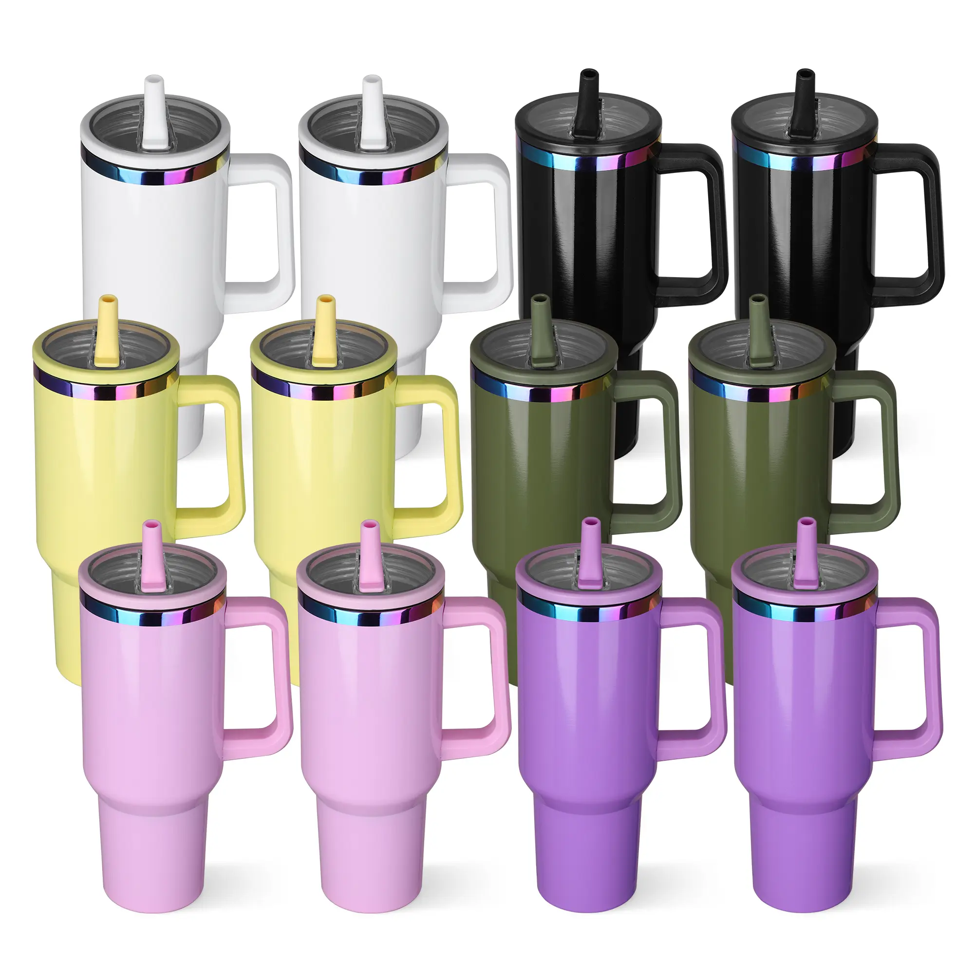 FASTSUB 40 oz Glossy Rainbow Plated Thick Tumbler Vacuum Flask 12-Pack (12-Pieces for Sharing), Portable Stainless Steel Water Bottle, Double Wall Insulated Leak-Free Flip Straw Handle Lid, Laser Engraving Customizable Hot & Cold Drinkware, Water Bottles