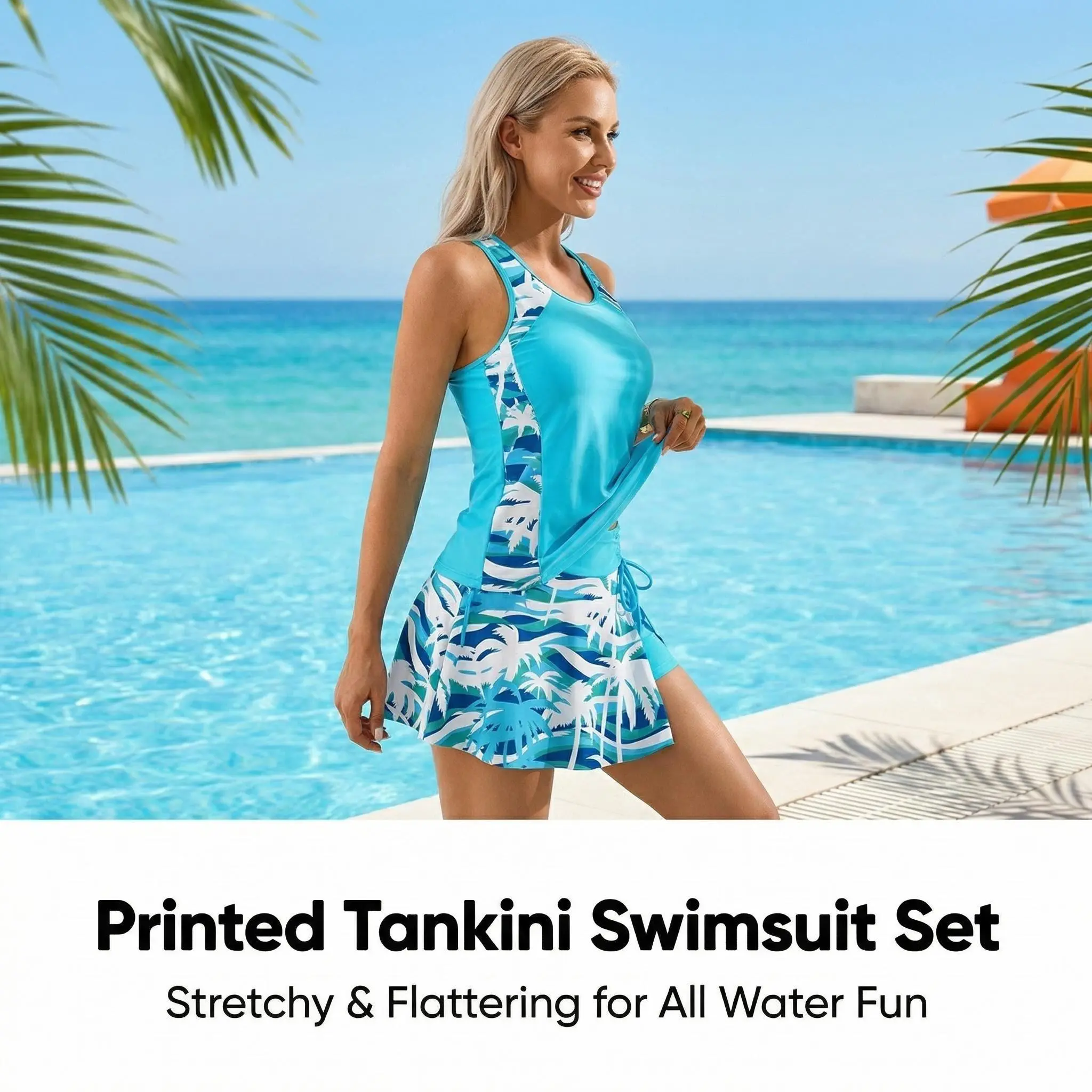Women's 2-Piece Tankini Set, Sporty Racerback Top with Tropical Print and Tummy Control Skirted Bottom with Built-in Shorts, Tankini Swimwear, Tropical Print Tankini