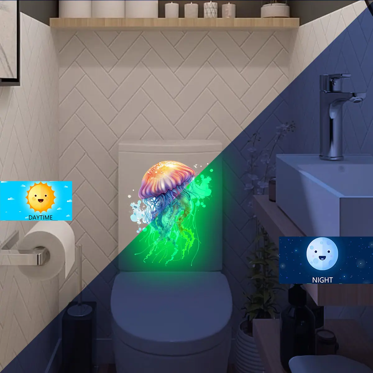 A piece of (20*15cm) luminous underwater jellyfish colorful toilet sticker, bathroom toilet decoration and beautification sticker, self-adhesive YCG18530-YC