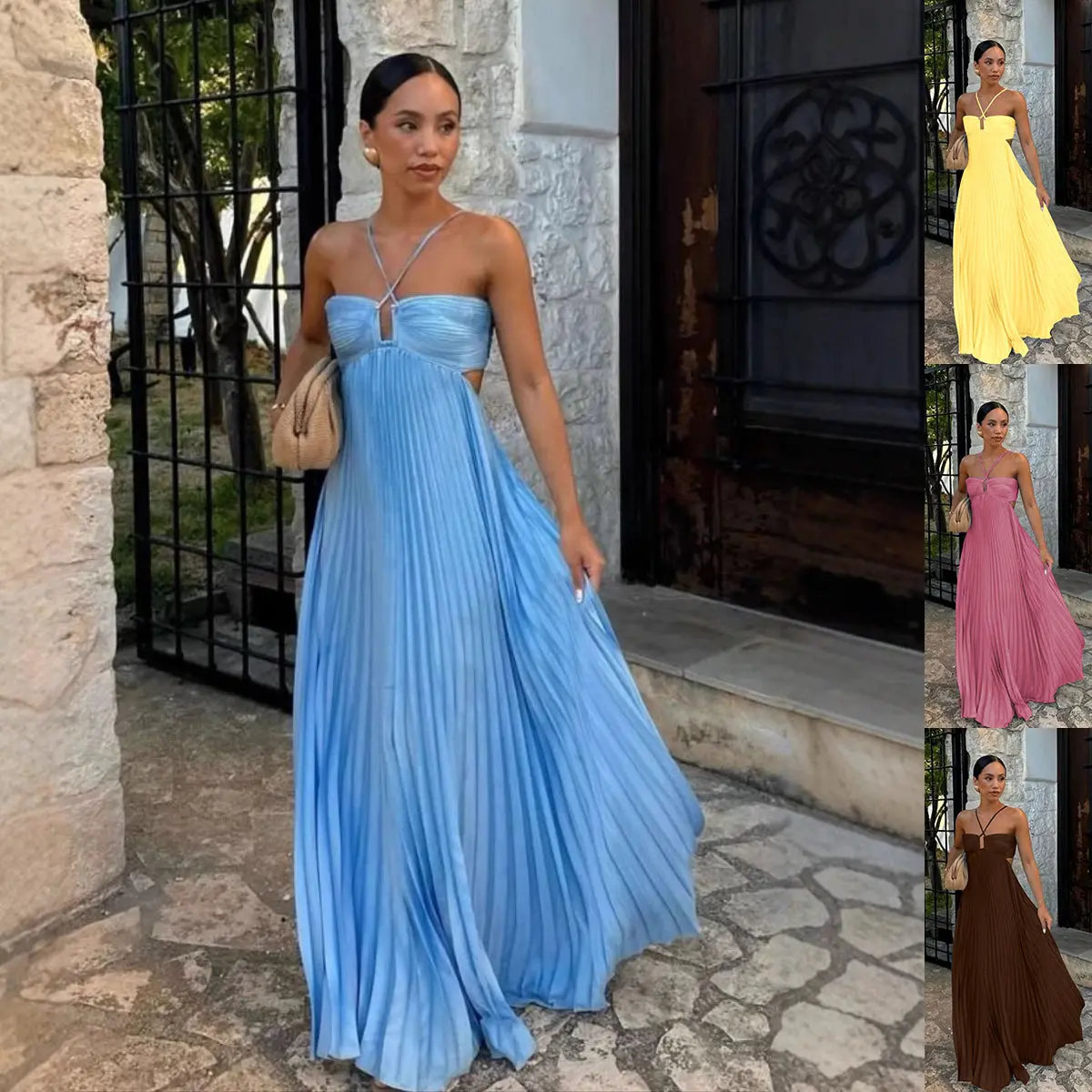AuroraPleat Halter Backless Pleated Maxi Dress - Dresses for Women, Elegant Formal Evening Gown, Elegant Dresses For Women Chic Sleeveless