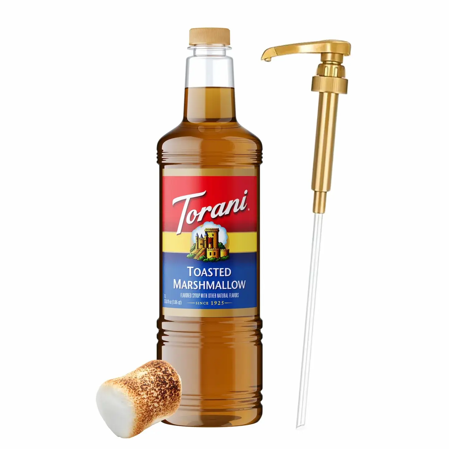 Torani Toasted Marshmallow Syrup 1L Bottle with Pump Dispenser - Sweet, Rich Flavoring Made with Pure Cane Sugar & Natural Flavors - Ideal for Lattes, Desserts