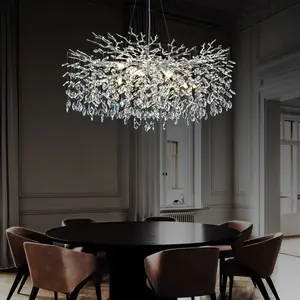Modern Crystal Chandeliers for Dining Room, 40" Round Silver Tree Branches Chandeliers, Large Dining Room Over Table Chandeliers Lights Fixture, Branches and Crystals Ceiling Light Fixtures