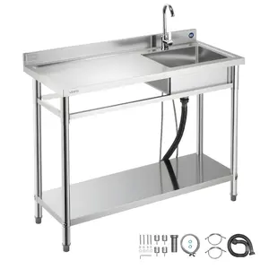 VEVOR Stainless Steel Utility Sink, Free Standing Single Bowl Commercial Kitchen Sink with Faucet, Utility Left Basin Workbench with Hot & Cold Water Pipe for Garage Restaurant Laundry, 47x19.7x37 in
