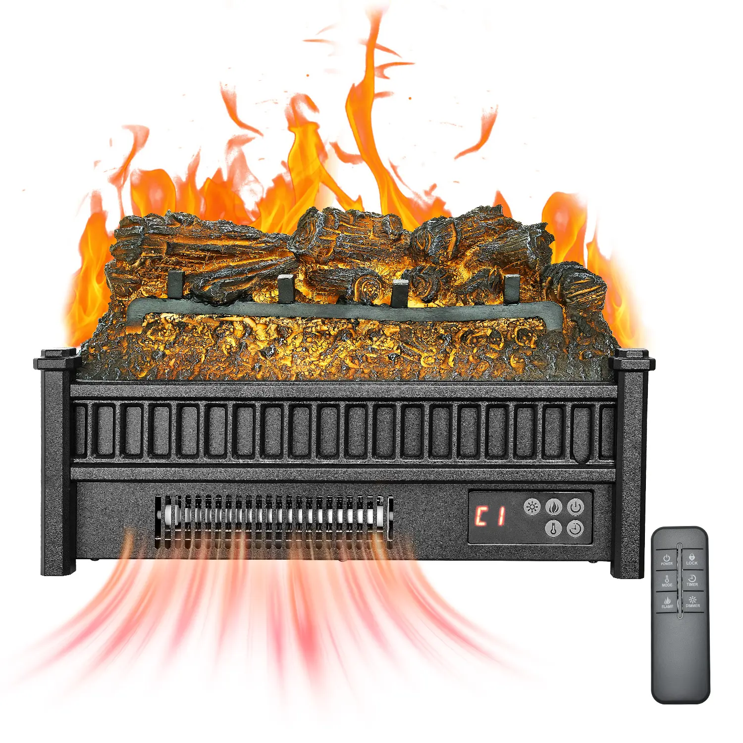 【Summerfinds】VEVOR 20-inch Electric Fireplace Log Insert Heater with Adjustable HeatingRemote Controller5 Adjustable Flame Brightness24H TimerOverheat ProtectionThermostatBlack for Home Decor, Adjustable Heating