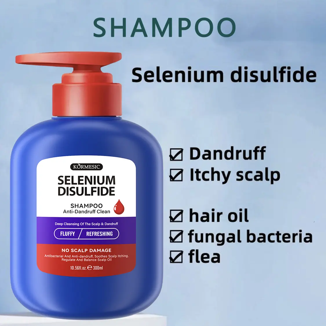 Kormesic Selenium Disulfide Anti-Dandruff Shampoo for Adults - Cleansing, Oily Hair Control, Dandruff Treatment, Itchy Scalp Relief Daily Haircare Scalp Cleanser, 300ML