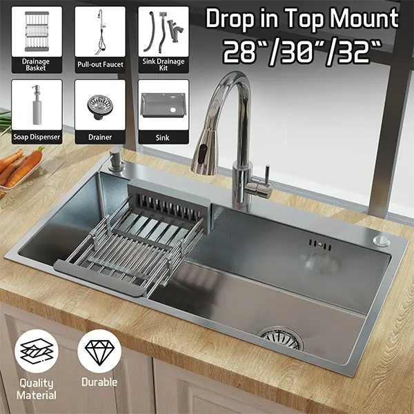 28"/30"/32" Silver Stainless Steel Kitchen Sink Single Bowl Drop In Top Mount With Faucet Set summervibes