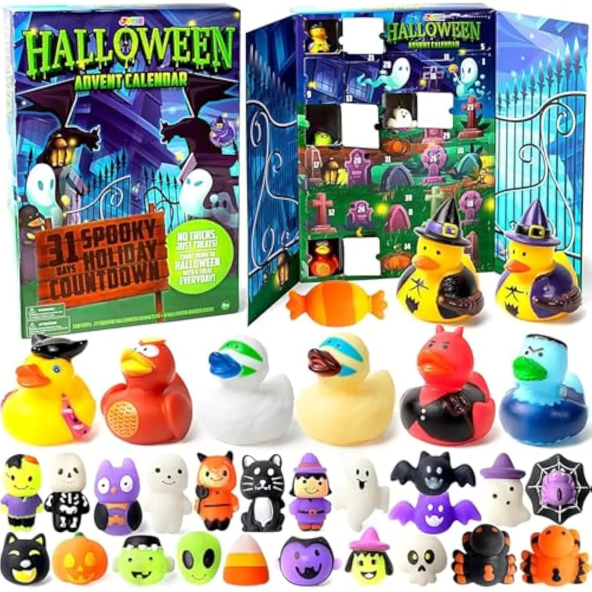 Halloween Mochi Squishy Toys and Rubber Duck Surprise Toy Set, Holiday CountDown to Halloween, Advent Calendar Toys for Kids Party Favor Supply, Trick or Treating