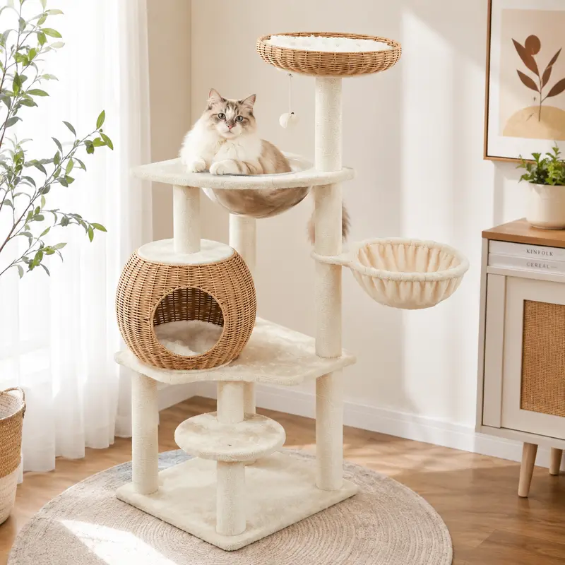 Costoffs All-in-1 Minimalist 54" Tall Rattan Cat Tree - Vertical Scratcher with Sisal Posts, Cozy Nest, Soft Cushion, Hanging Ball, Basket Treat Spot, Bowl, Claw Protection, Stable Base for Safe Play, Home Decor Single Unit for Small-Medium Indoor Cats