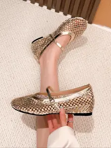 Women's Sexy Kitten Heel Sandals, Round Toe Rhinestone Mesh Shoes, Fashionable Hollow Out Slip-On Flats for Spring & Fall
