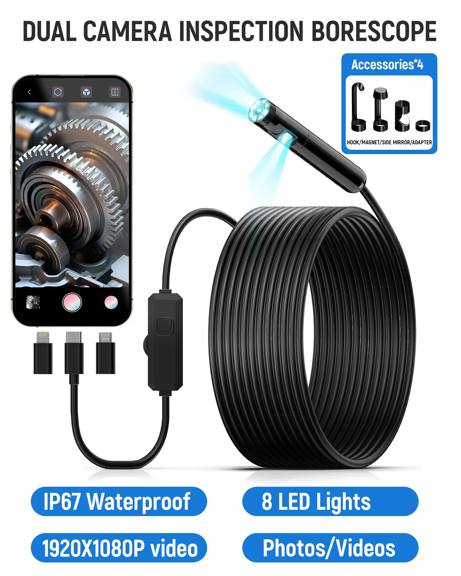Dual-Camera Borescope HD Inspection Endoscope, IP67 Waterproof with 8 LED Lights for Car Repair, Pipeline, and Home Inspections
