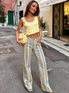 Summer Women's Pants Rainbow Striped Low-Rise Wide Leg Jeans Pastel Multicolor Stripes Relaxed Wide-Leg Pants Button Summer Streetwear Clothing Boho Festival Trousers Festival Outfits, Casual Daily Pants
