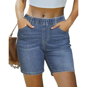 Jean Shorts for Women Trendy Pull On Mid Rise Elastic Waist Summer Casual Stretchy Long Denim Walking ShortsGift