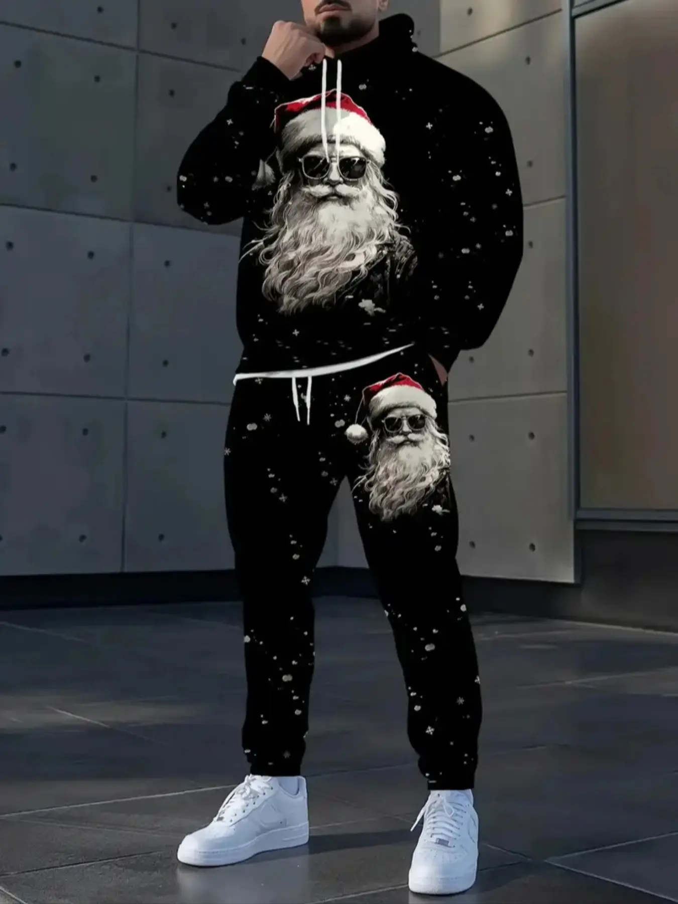 Trendy Santa Print Hoodie Set, Streetwear Tracksuit Set, Long Sleeve Fitted Casual Sportswear, Christmas Pattern, Perfect for Running & Outdoor Activities