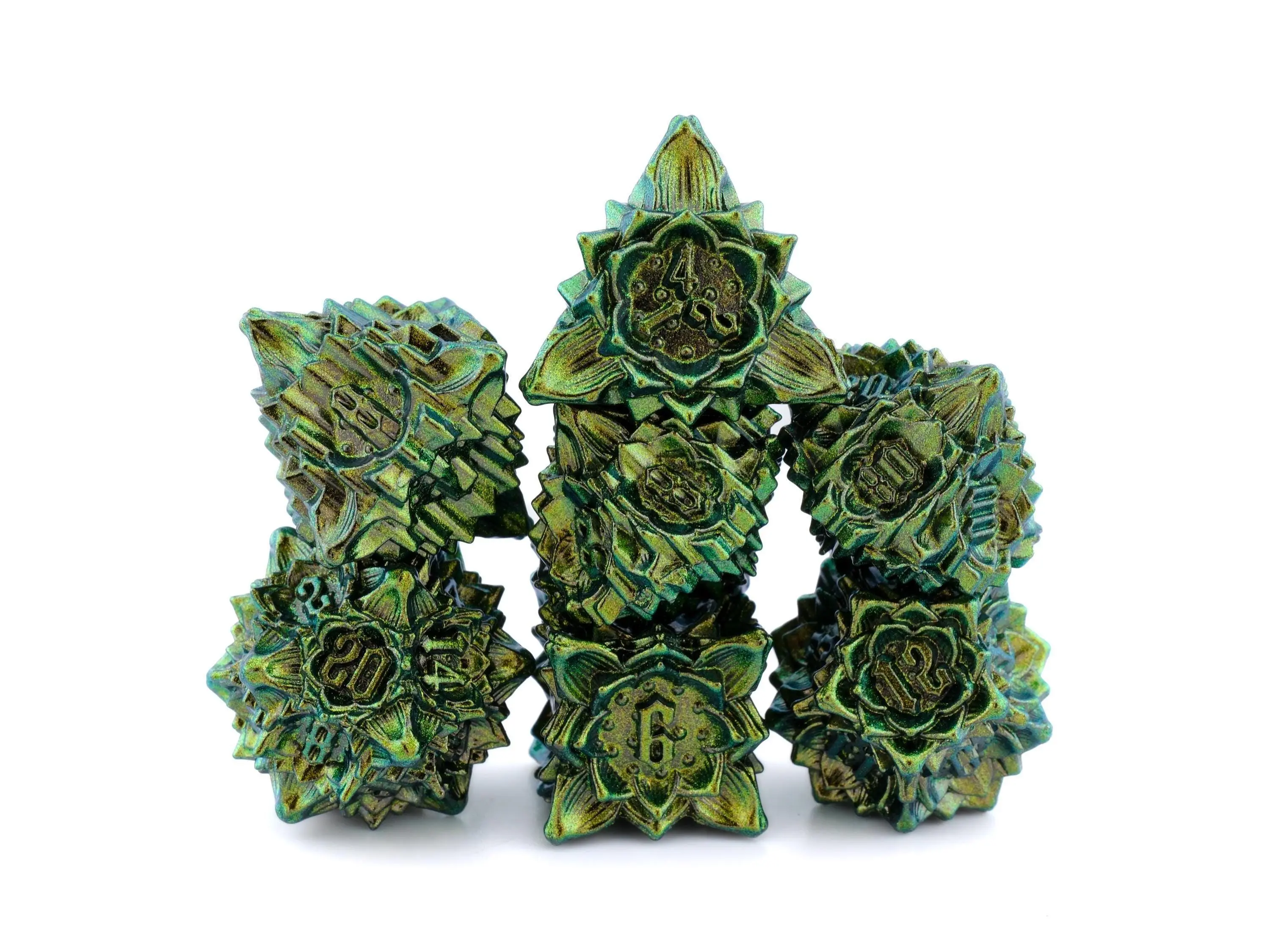 Blooming Flower Metal DnD Dice Set - 7-Piece Plant-Themed RPG Dice for Tabletop Games