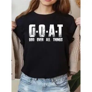 Women's Cotton Christian G.O.A.T (God Over All Things) Round Neck Short Sleeve Loose Soft T-Shirt - Casual Summer Breathable Womenswear Top, Versatile Layering for Jackets, Shortsleeve