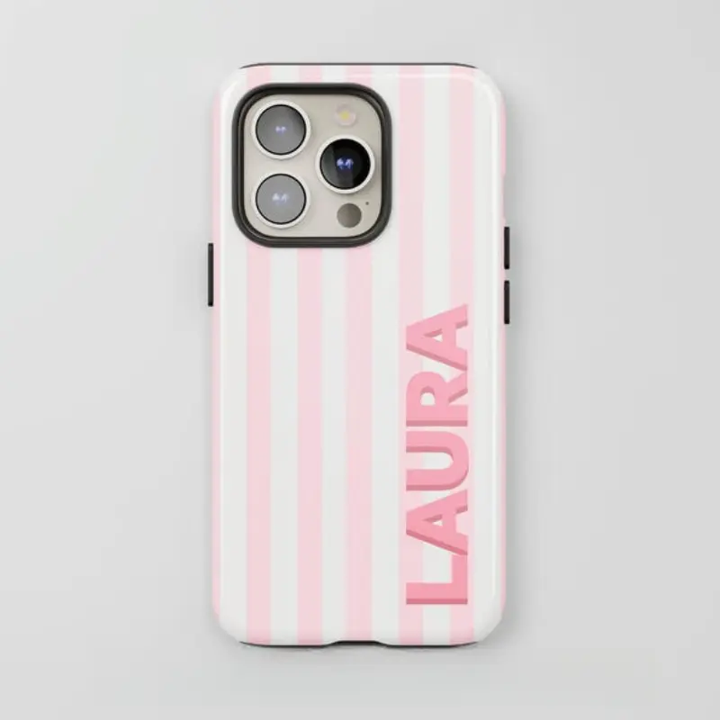 Hot Search Personalized Custom Text Stripe Phone Case for iPhone 11 12 13 14 15 16 17 18 Pro Samsung S21 S22 S23 S24 S25 S26 Ultra Custom Name Pink White Stripes Glossy Durable Tough Anti‑slip Anti‑drop Customized Gift For Her Phone Cover