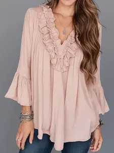 Women's Light Wood Lace Trim Ruffle V Neck Top, Medium Sleeve Bell Sleeves Loose Chiffon Blouse, Casual Fashion Shirt