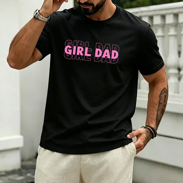 Men's Pure Cotton Loose-Fit "GIRL DAD" Round Neck Short-Sleeve T-Shirt, Pink Color-Block Double-Layer Letter Print, Minimalist Gentle Style Menswear Streetwear for Dad Outfits