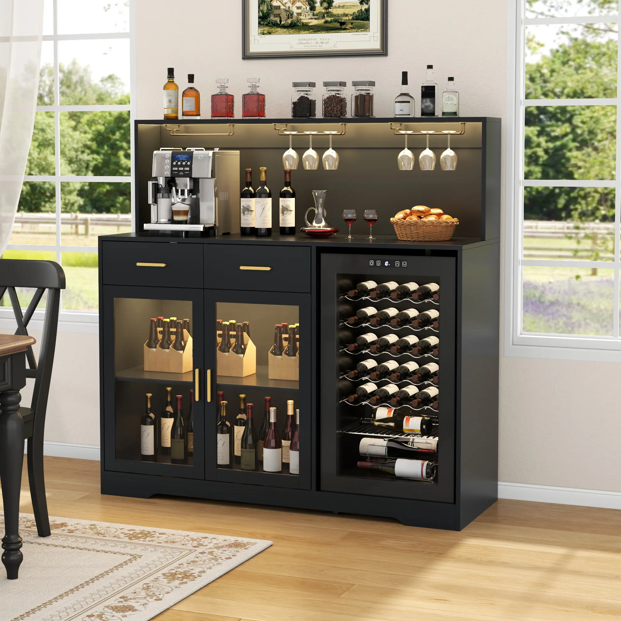 Gyfimoie Wine Bar Cabinet with Fridge Space, Fluted Coffee Bar Cabinet with Charging Station & LED Lights, 53" Wide Liquor Cabinets with 2 Tier Countertop & Glass Doors, Black Buffet Sideboard Cabinet for Dining Room, Living Room, Kitchen