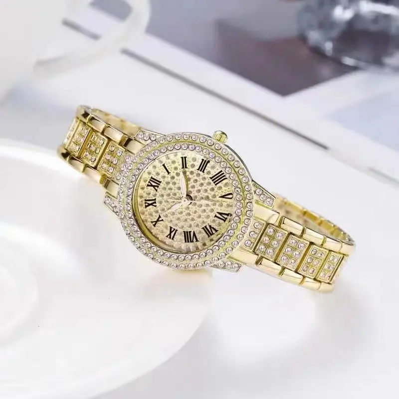 Women Luxury Crystal Watch Bracelet 2PcsSet Bling Rhinestone Quartz Wristwatch GiftFor Her