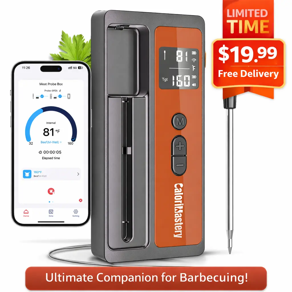 Wireless Smart Bluetooth Kitchen Meat Thermometer - Digital Stainless Steel & Ceramic Utensil, 500ft Range, Ultra-Thin Probe, IP67 Water Resistant, 18H App Alerts, for BBQs, Steak, Father’s Day Gifting