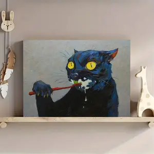1pc Soul Canvas Poster Unframed, Funny Black Cat Brush Art Oil Painting Print, Gift Wall Decoration Painting, Bedroom, Office, Bar, Kitchen, Restaurant Wall Decoration, Wall Art Decoration rimless