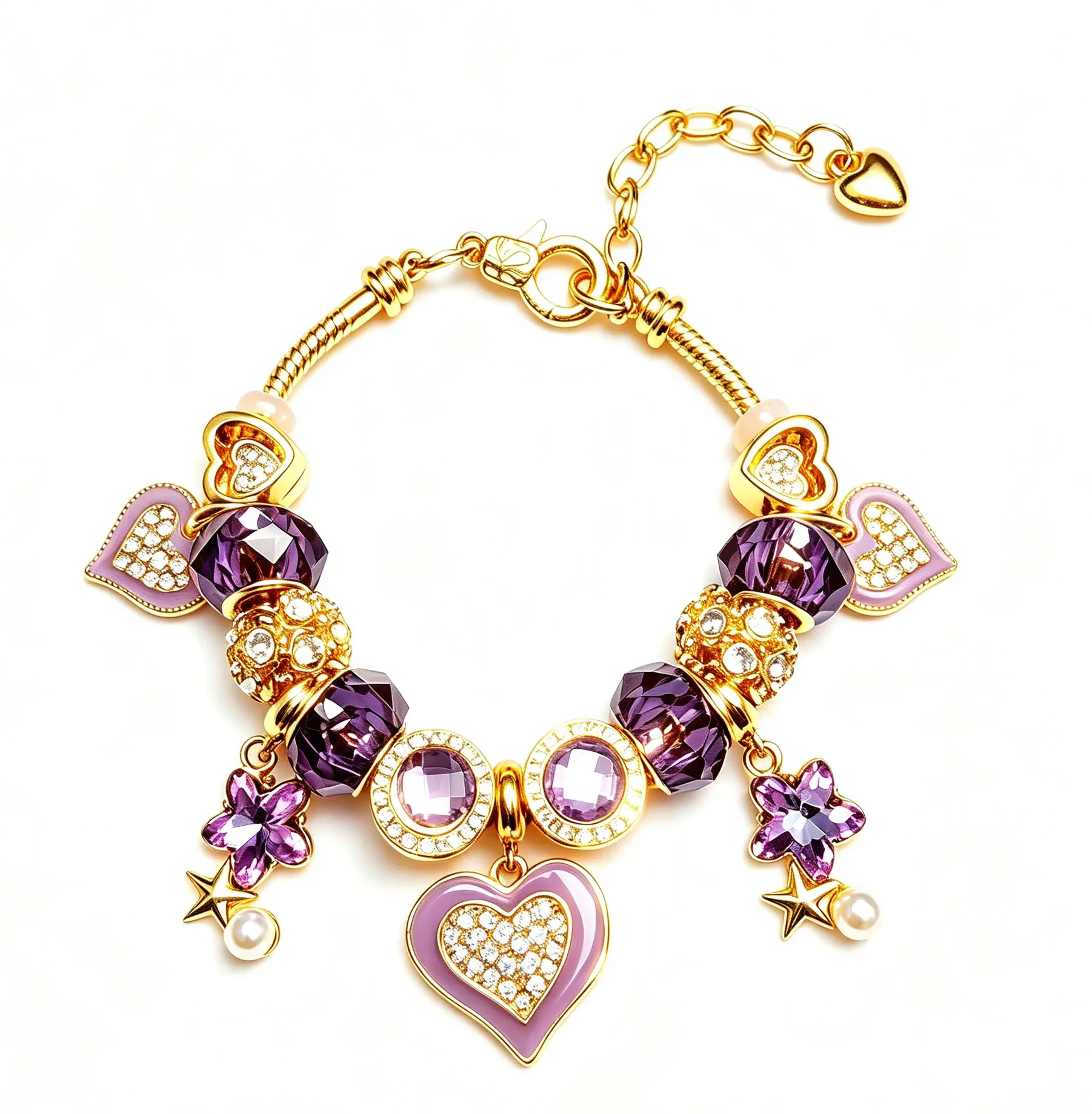 Gold Tone Purple Heart Charm Beaded Bracelet for Women, Amethyst Crystal Star Pearl Dangle Snake Chain Bracelet, Fashion Jewelry Gift for Girls