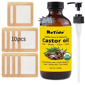 ReTide Organic Castor Oil & 10 Pcs Patches - 8 fl oz Glass Bottle with Pump - 100% Pure Natural Cold Pressed Hexane-Free for Waist Back Neck Arm Belly - Self-Adhesive for Convenient Use Body Care body oil