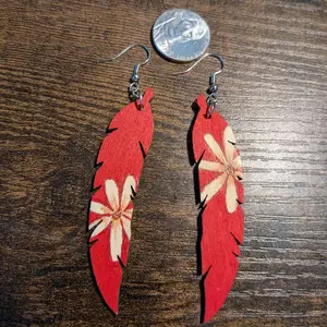 Native American Hand Painted Red Floral Feather Wood Drop Earrings