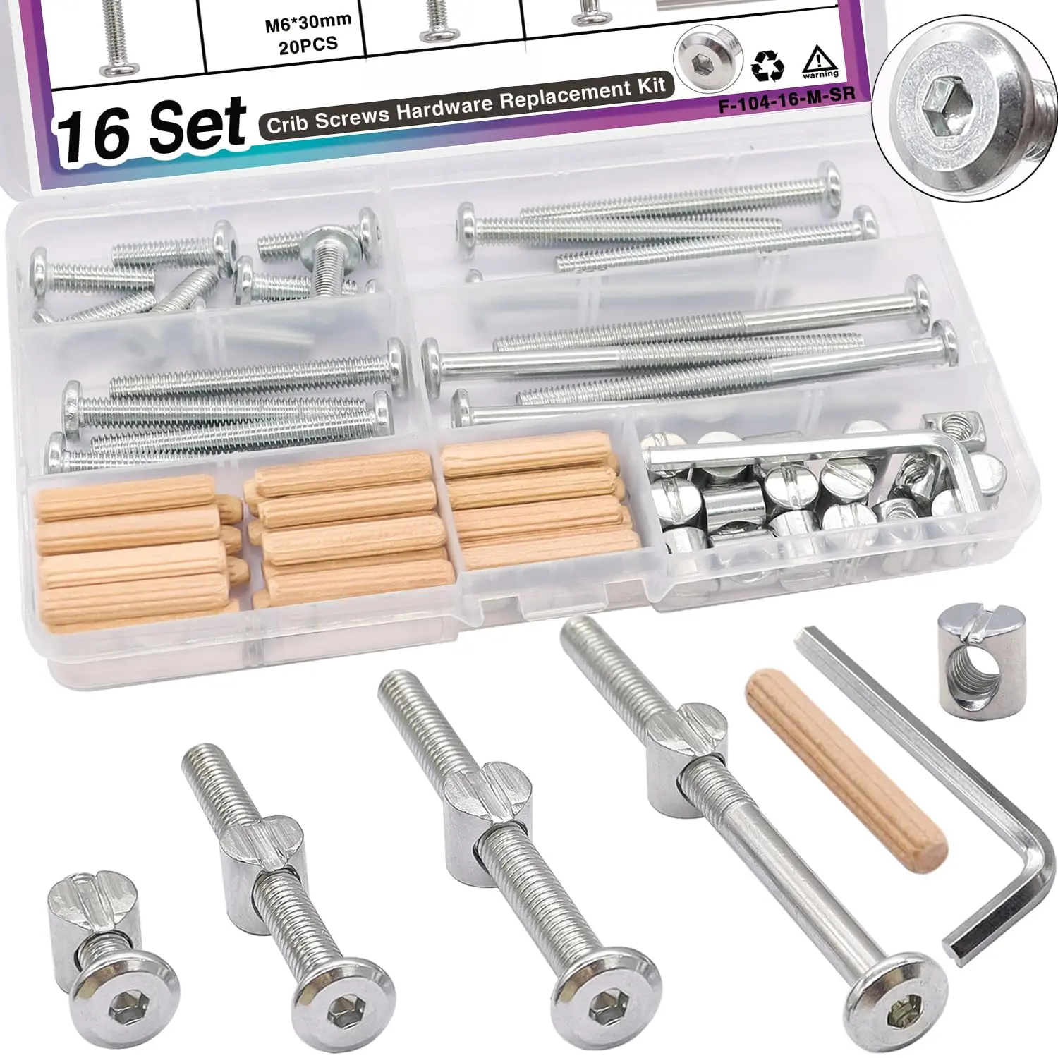 16 Set Crib Screws M6x20mm/40mm/60mm/80mm Hex Socket Cap Screws Bolt,Barrel Nuts&Dowel Pins,Furniture Bolt,Bed Crib Bolts Hardware Replacement Kit for Beds Furniture