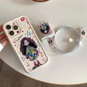 Vintage iPhone Case 5-Piece Set with Girl Pattern, Includes Protective Case, Charger, Data Cable & Storage Strap, Compatible with iPhone 15/15 Plus/15 Pro/15 Pro Max/11/12/13/14/16