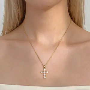 FAITHOPIA CZ Clustered  Necklace for Women, Dainty Zirconia  Pendant Necklace, Faith Jewelry Religious Gift cross