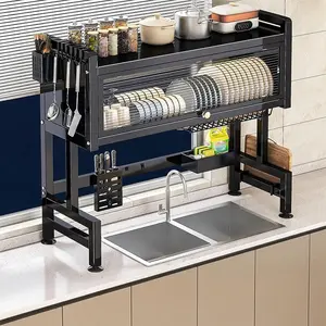 GUYGU 3-Tier Over Sink Dish Rack with Dustproof Flip Cover, Rustproof Carbon Steel Kitchen Organizer with Drain Tray, No-Drill Adjustable Over Sink Shelf for Dishes Utensils, Matte Black