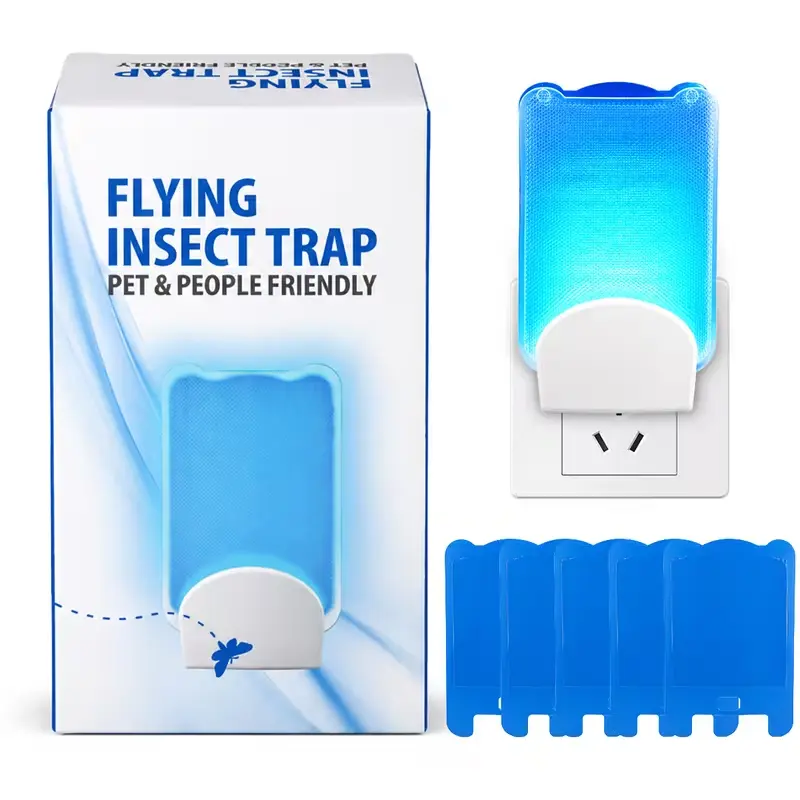 Modern USB Powered LED Trap Light - Indoor Fruit Fly And Gnat Pest Control for House, Home, And Kitchen, Soft Blue Light - Includes 1 Plug-In Device And 5 Cartridges