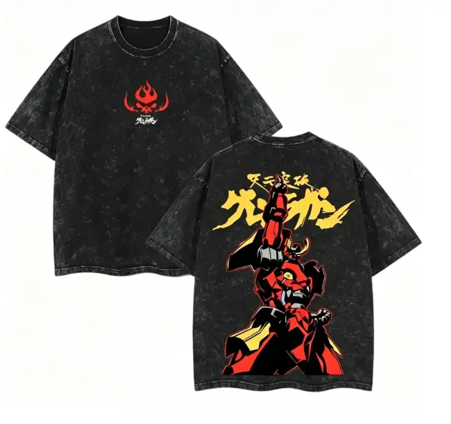 Vintage Washed Heavyweight Cotton Gurren Lagann Oversized Tee Double-Sided Kamina  Simon Mecha Graphic Print Anime Streetwear Gym Pump Cover Retro Otaku Drip Top round neck casual t-shirt loose fit crewneck wash loose fit vintage cotton